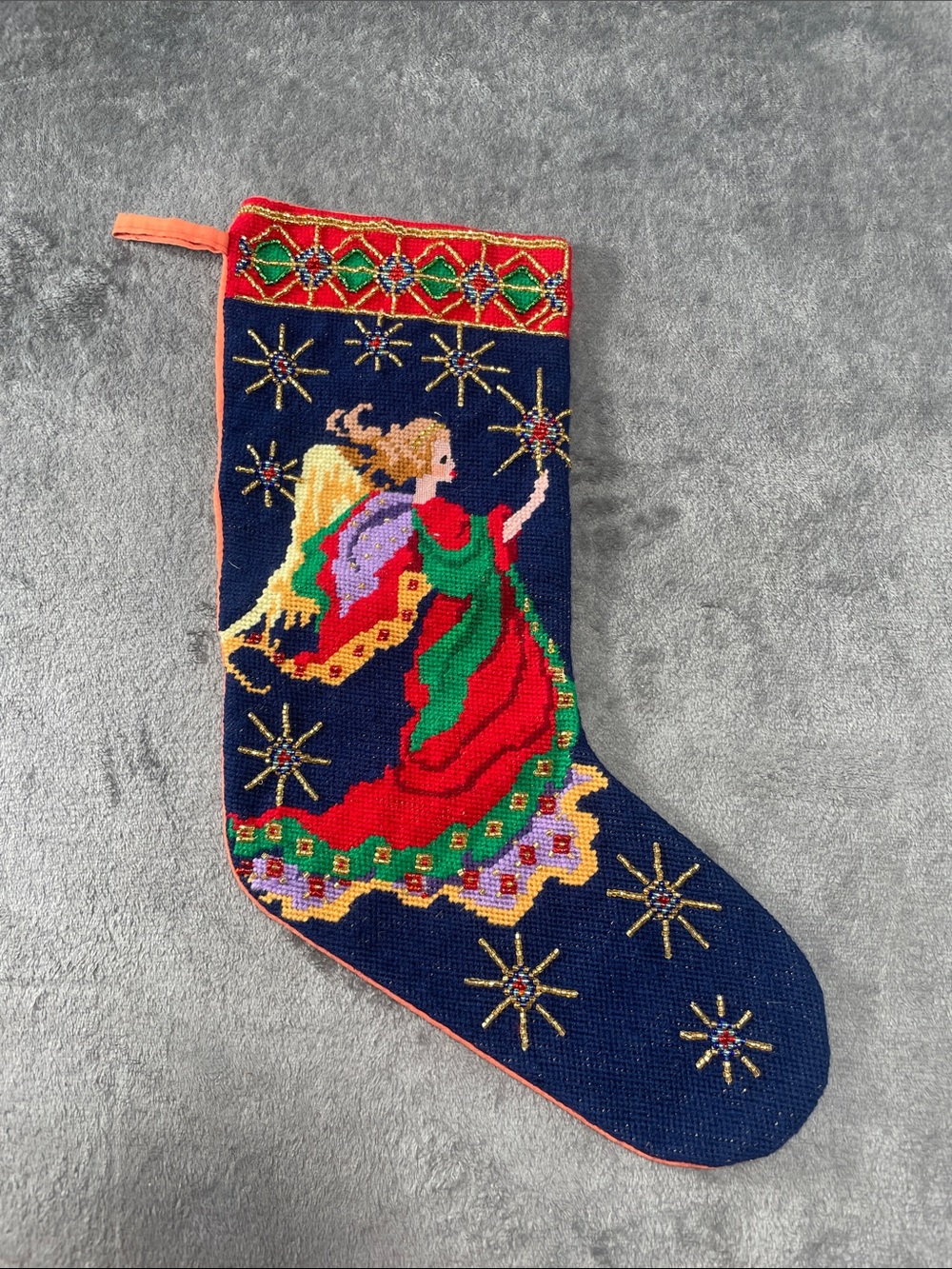 Vintage Handcrafted needlepoint Beaded Angel Christmas Stocking multicolor